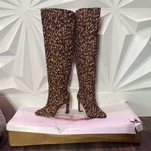 Jessica Simpson Leopard-Print Knee-High Heeled Boots - Brown/Black